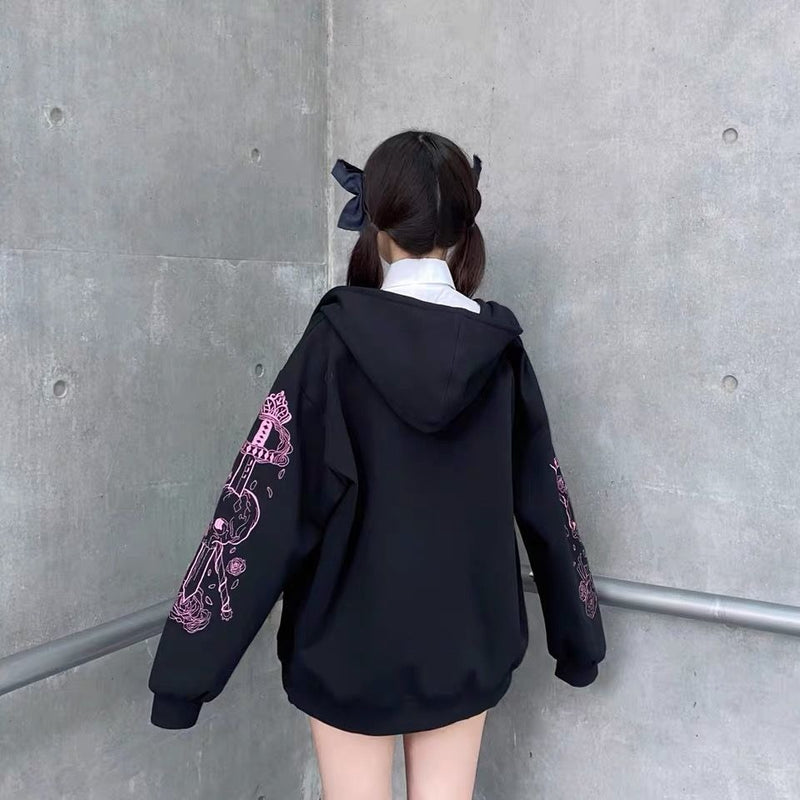 Vintage Black Printed Zip Hoodie for Women