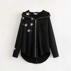 Embroidered Star Loose Zip-Up Hoodie Jacket