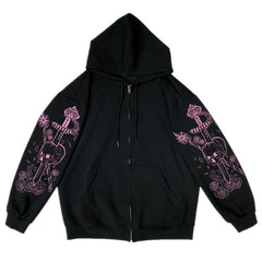 Vintage Black Printed Zip Hoodie for Women