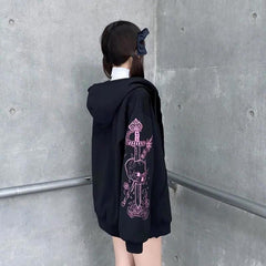 Vintage Black Printed Zip Hoodie for Women