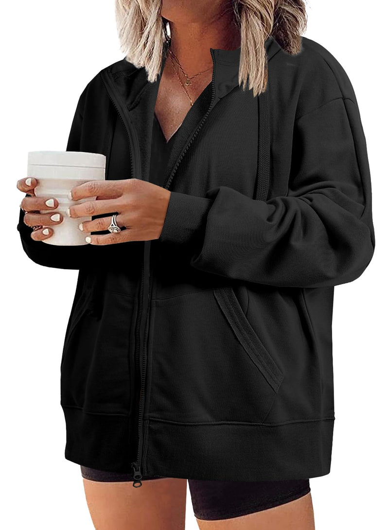 Eytino Plus Size Hoodies for Women Long Sleeve Full Zip Up Drawstring Oversized Hooded Sweatshirts with Pockets4X Black