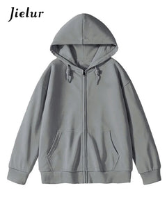 Jielur Solid Color Comfortable Women's Zip-Up Hoodie