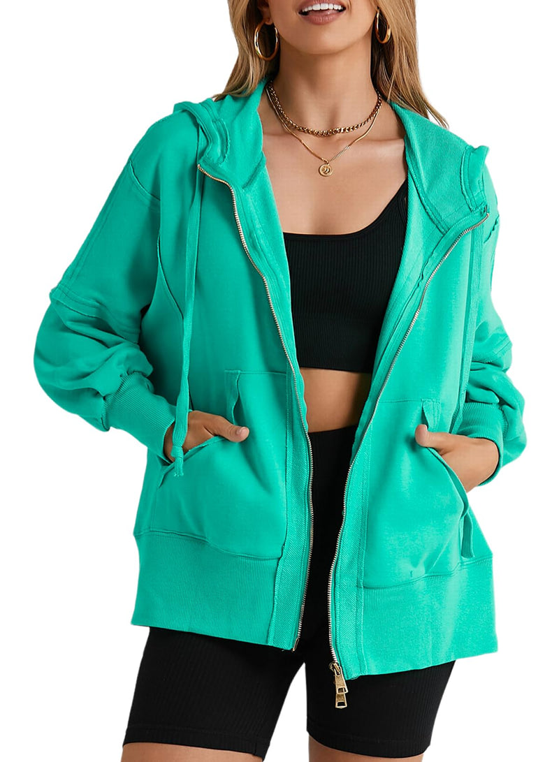 Dokotoo Women Sweatshirt Loose Fit Lightweight Oversized Zip Up Hoodies Casual Drawstring Green Y2K Clothes Cute Teen Girls Jacket with Pockets X-Small