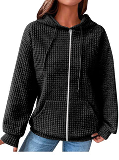 Hilinker Womens Zip Up Waffle Hoodies Casual Loose Long Sleeve Drawstring Sweatshirt with Pockets Black Medium