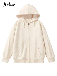 Jielur Solid Color Comfortable Women's Zip-Up Hoodie