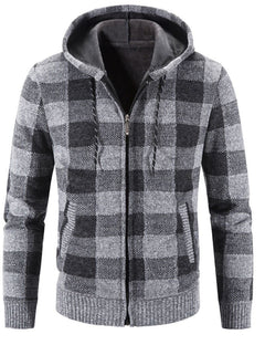 Kinkia Mens Zip Up Hooded Fleece Cardigan Sweater Winter Warm Sherpa Lined Jacket Coat Hoodies with Pockets(KK0016-GreyPlaid-XS)