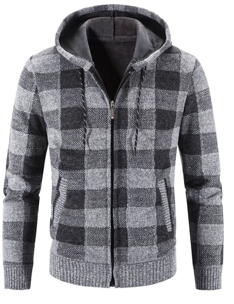 Kinkia Mens Zip Up Hooded Fleece Cardigan Sweater Winter Warm Sherpa Lined Jacket Coat Hoodies with Pockets(KK0016-GreyPlaid-XS)