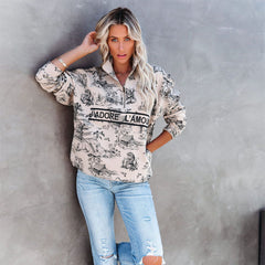 Printed Women's Half-Zip Sweatshirt with Stand Collar
