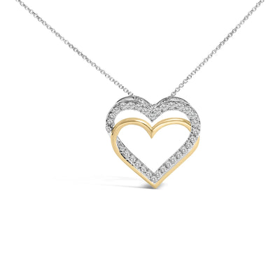 14K Yellow Gold Plated Sterling Silver 1.00 Cttw Diamond Double Heart Pendant Necklace