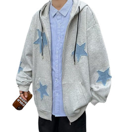 Hopecn Star Hoodie Women Men Y2K Graphic Hoodies Aesthetic Zip Up Jackets Grunge Oversized Sweatshirt Punk Fashion Streetwear Clothes.(Grey3-S)