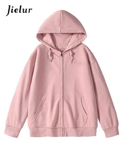 Jielur Solid Color Comfortable Women's Zip-Up Hoodie