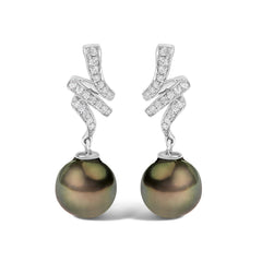 14K White Gold 9MM Cultured Black Pearl and Diamond Accent Drop and Dangle Earrings (I-J Color, SI1-SI2 Clarity)