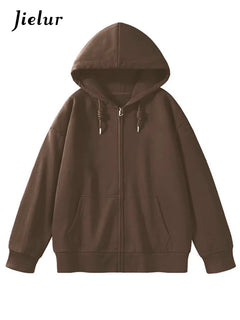 Jielur Solid Color Comfortable Women's Zip-Up Hoodie