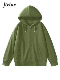 Jielur Solid Color Comfortable Women's Zip-Up Hoodie