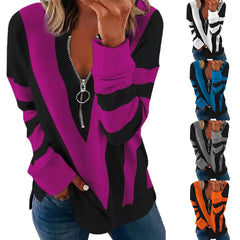 Printed Long Sleeve V-Neck Zip Casual Sweatshirt