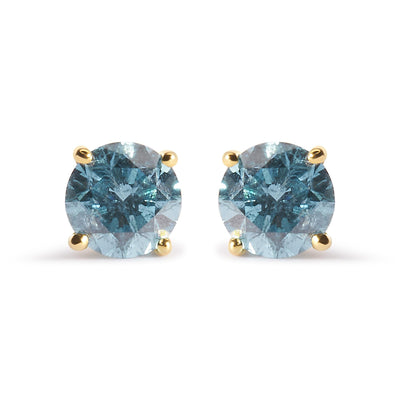 14K Yellow Gold 1.0 Cttw Treated Aqua Blue Diamond Classic Solitaire Stud Earrings (Aqua Blue Color, I2-I3 Clarity)