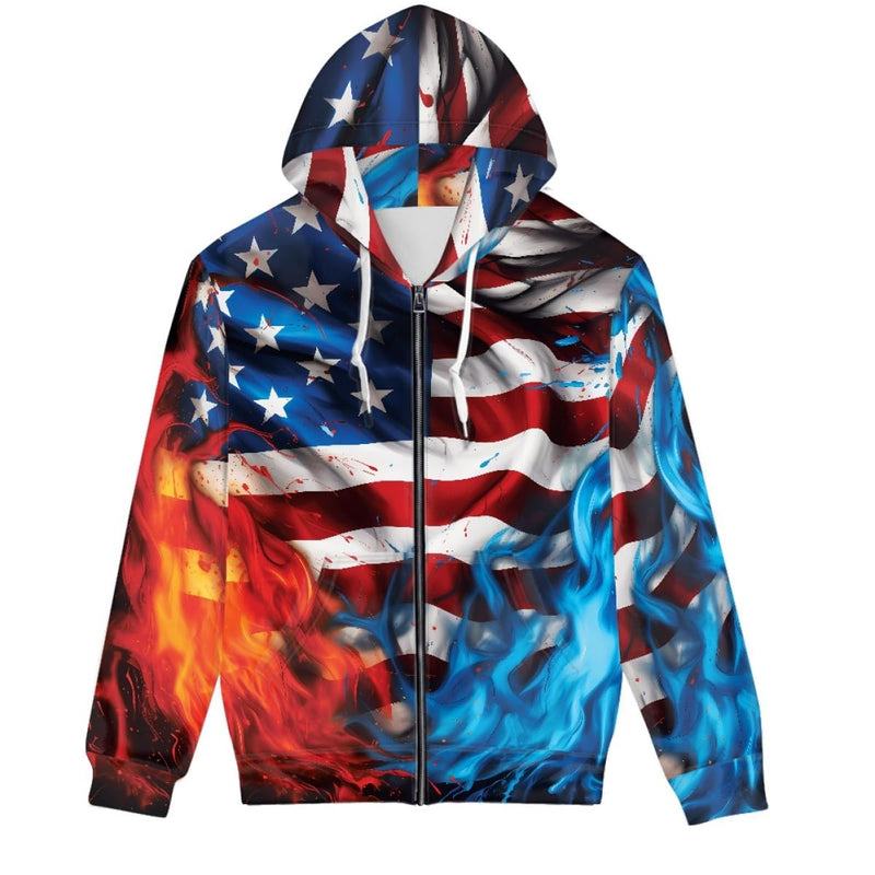 ENLACHIC Unisex 3D Novelty Zip up Hoodie Cool Ice Fire American Flag Print Graphic Hoodies Pullover Hooded SweatshirtsXS