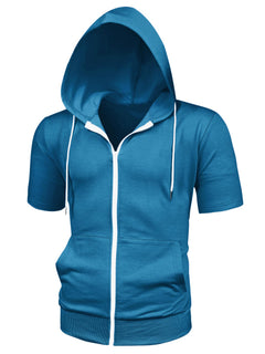 Lars Amadeus Mens Dark Blue Short Sleeve Hoodies Solid Color Zip Up Jackets with Hood Small