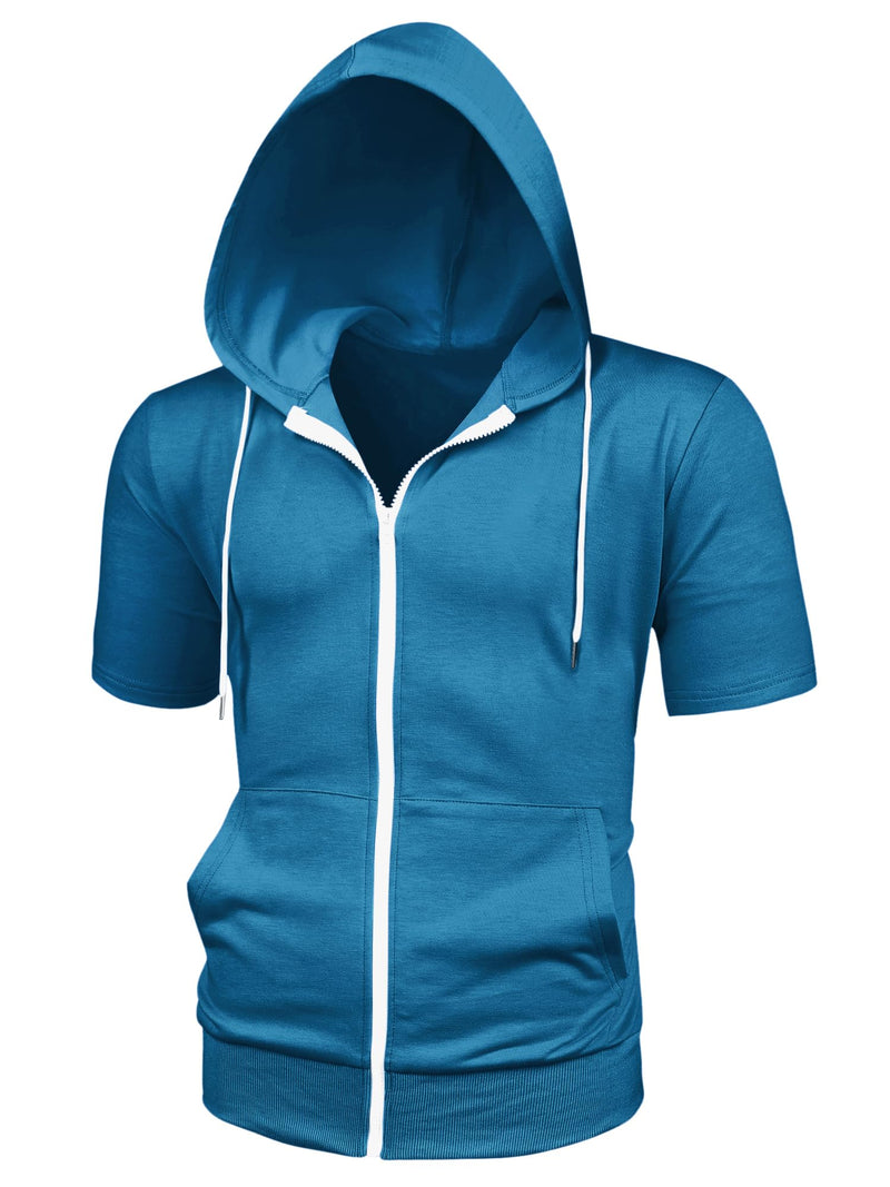Lars Amadeus Mens Dark Blue Short Sleeve Hoodies Solid Color Zip Up Jackets with Hood Small