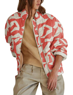 Hongsui Womens Printed Quilted Jacket Zip Up Puffer Jacket Lightweight Patchwork Bomber Jacket (Rust-L)