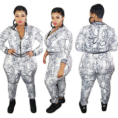Plus Size Women's Printed Striped Zip Long Sleeve Set