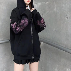 Vintage Black Printed Zip Hoodie for Women