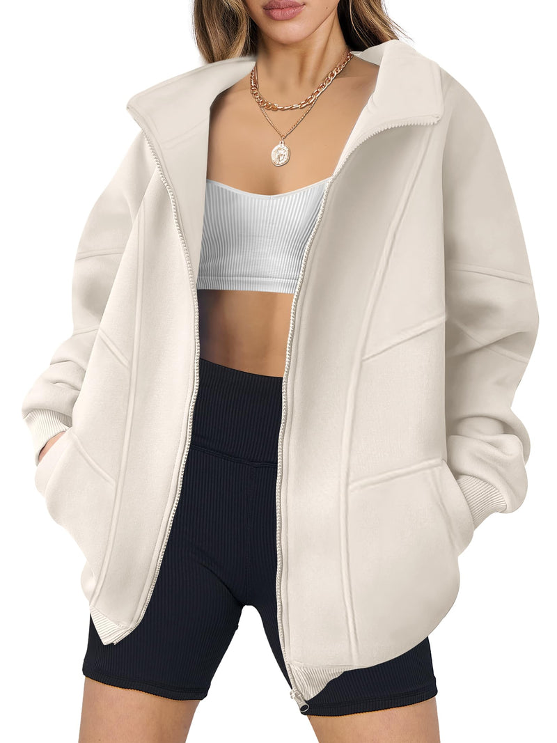ANRABESS Womens Oversized Full Zip Up Sweatshirts Jacket 2024 Fall Fleece Long Sleeve Hoodies Outfit Beige Small