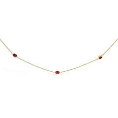 14K Yellow Gold Bezel Set 4x3 mm Oval Red Ruby Station Necklace - 18 Inches