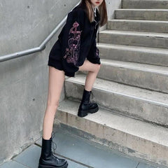 Vintage Black Printed Zip Hoodie for Women