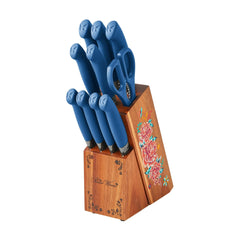 The Pioneers Womans 11-Piece Stainless Steel Knife Set with Floral Block - Ergonomic Soft Grip Handles Durable Chef Bread Nakiri Utility Paring Knives Steak Knives and Shears (Dark Blue)