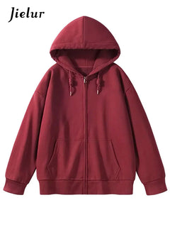 Jielur Solid Color Comfortable Women's Zip-Up Hoodie