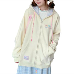 CEINOM Women Kawaii Zip Up Hoodie Y2K Girly Cute Hooded Jacket Oversize Japanese Harajuku Sweet Embroidery Outerwear Hoodies (BeigeLargeLarge)