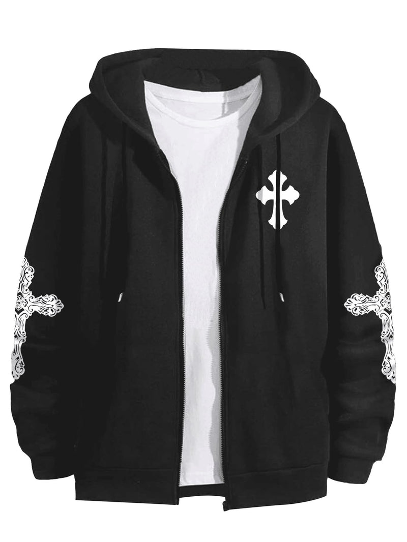 Floerns Mens Causal Graphic Print Long Sleeve Zip Up Drawstring Thermal Hoodies Sweatshirt With Pockets Coal Black XX-Large