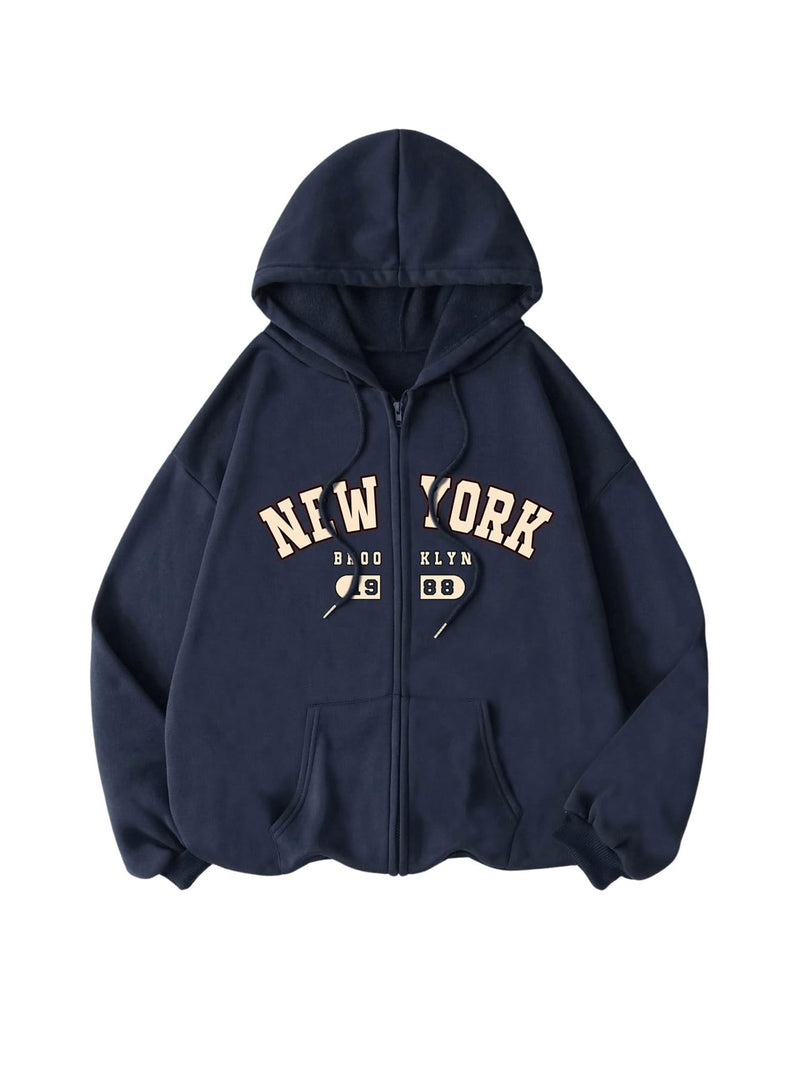 SOLY HUX Womens Zip Up Hoodies Letter Print Drawstring Long Sleeve Sweatshirt Jacket with Pocket Dark Blue Letter Medium