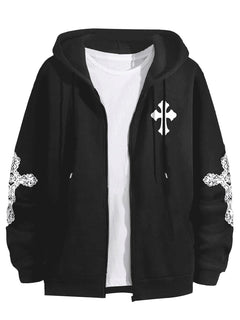 Floerns Mens Causal Graphic Print Long Sleeve Zip Up Drawstring Thermal Hoodies Sweatshirt With Pockets Coal Black XX-Large