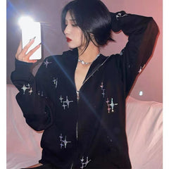 Embroidered Star Loose Zip-Up Hoodie Jacket