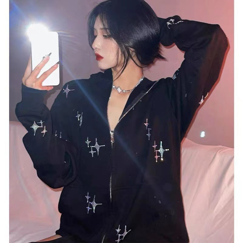 Embroidered Star Loose Zip-Up Hoodie Jacket